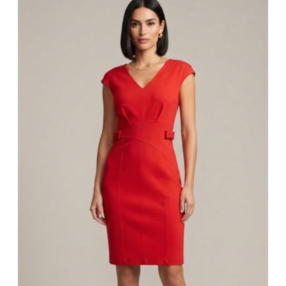 Jennifer Lopez Red Cap Sleeve V-Neck Sheath Dress with Waistβ Bows Size 6
